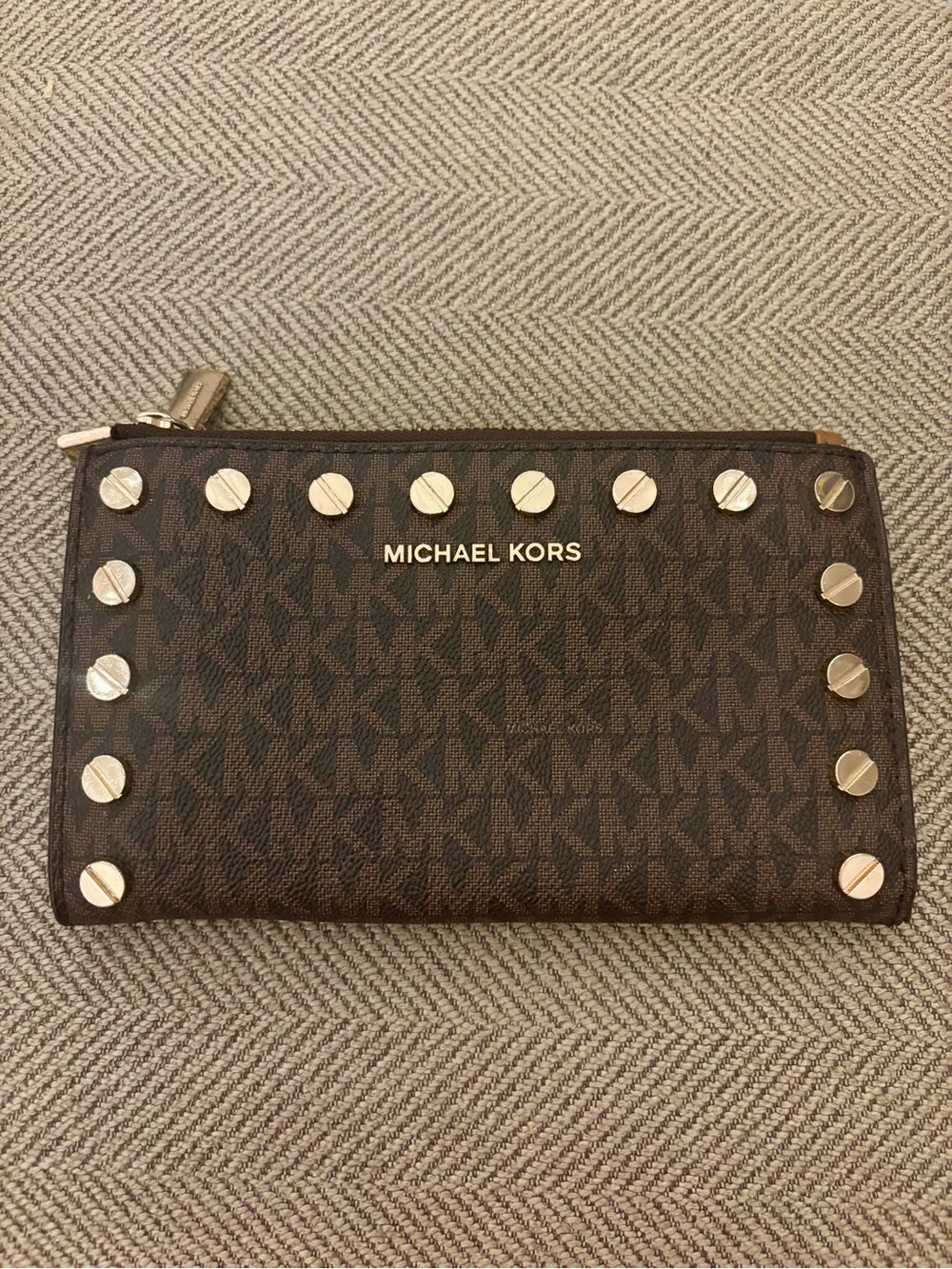 Michael Kors Brown MK Monogram Studded Zip Wallet with Gold Hardware